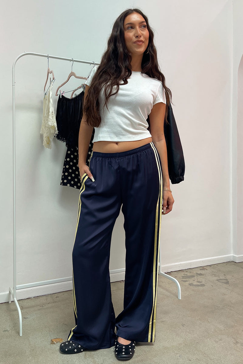 Playing Field Navy with Yellow Side Stripe Satin Pants