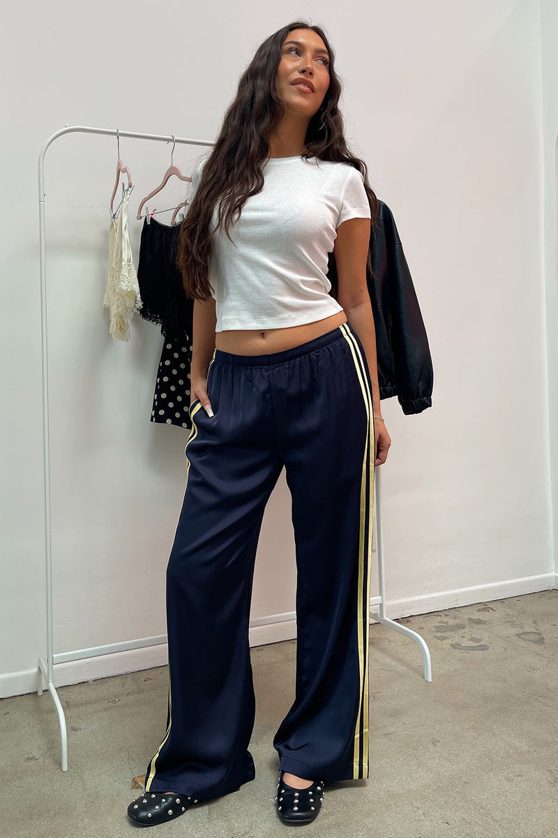 Playing Field Navy with Yellow Side Stripe Satin Pants