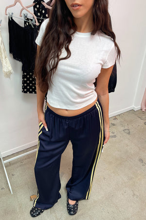 Playing Field Navy with Yellow Side Stripe Satin Pants