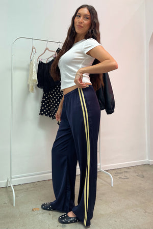 Playing Field Navy with Yellow Side Stripe Satin Pants