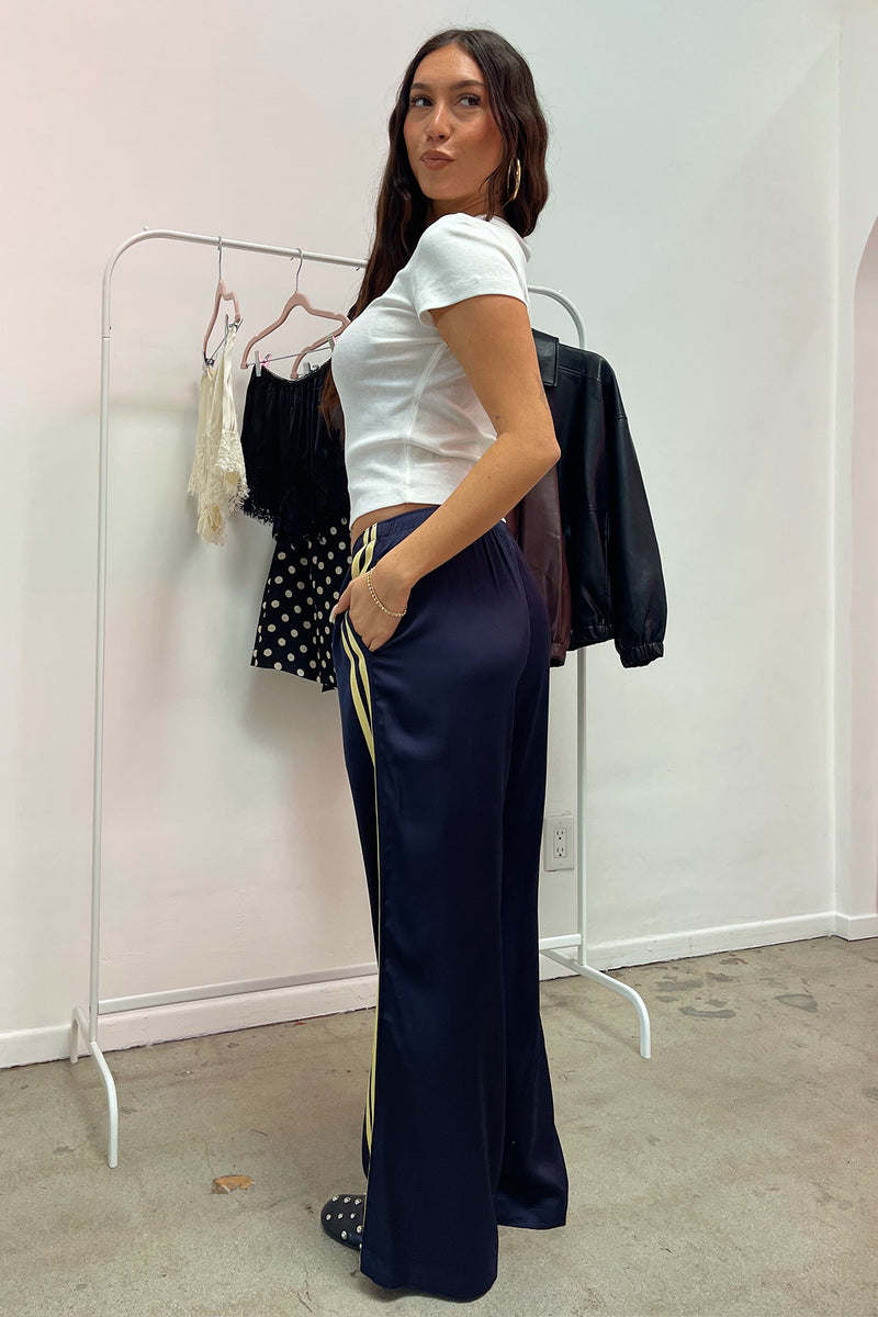 Playing Field Navy with Yellow Side Stripe Satin Pants