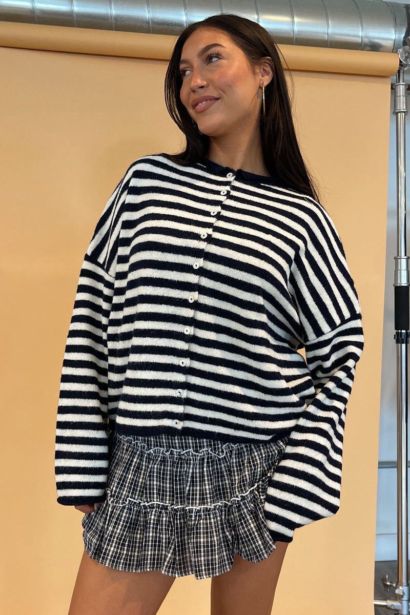 Blythe Navy and White Stripe Button Up Cardigan