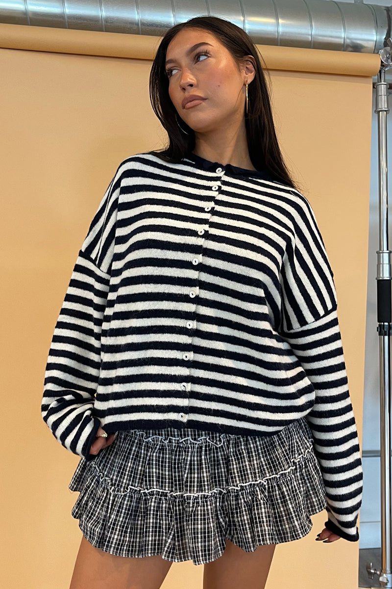Blythe Navy and White Stripe Button Up Cardigan