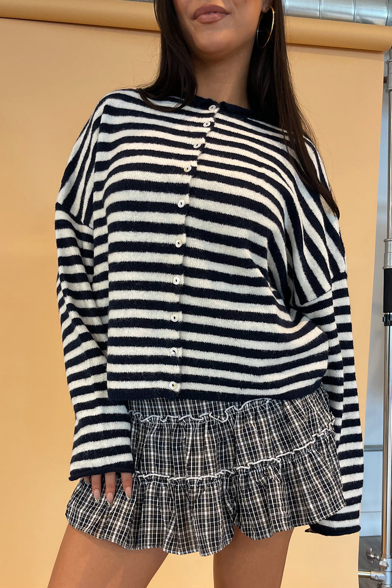 Blythe Navy and White Stripe Button Up Cardigan