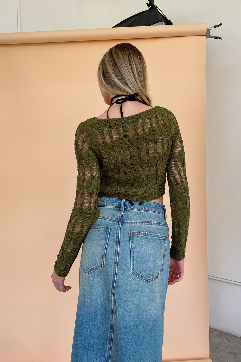 Bohemian Rhapsody Olive Crochet Long Sleeve Top