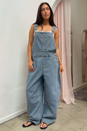 Beach Cruiser Blue and White Pinstripe Barrel Overalls
