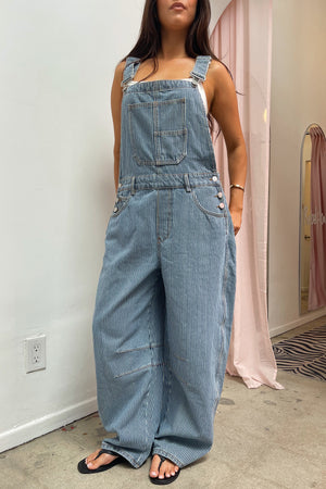 Beach Cruiser Blue and White Pinstripe Barrel Overalls