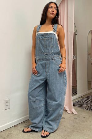 Beach Cruiser Blue and White Pinstripe Barrel Overalls