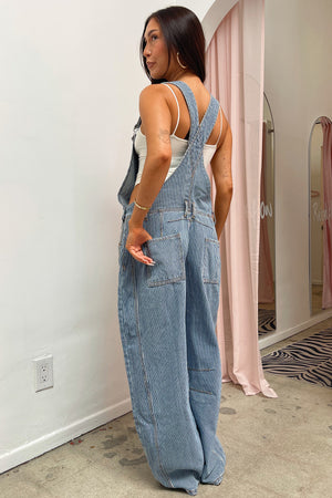 Beach Cruiser Blue and White Pinstripe Barrel Overalls