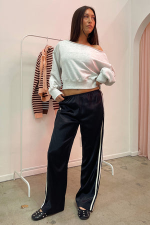 Warm Up Black with Cream Side Stripe Satin Pants
