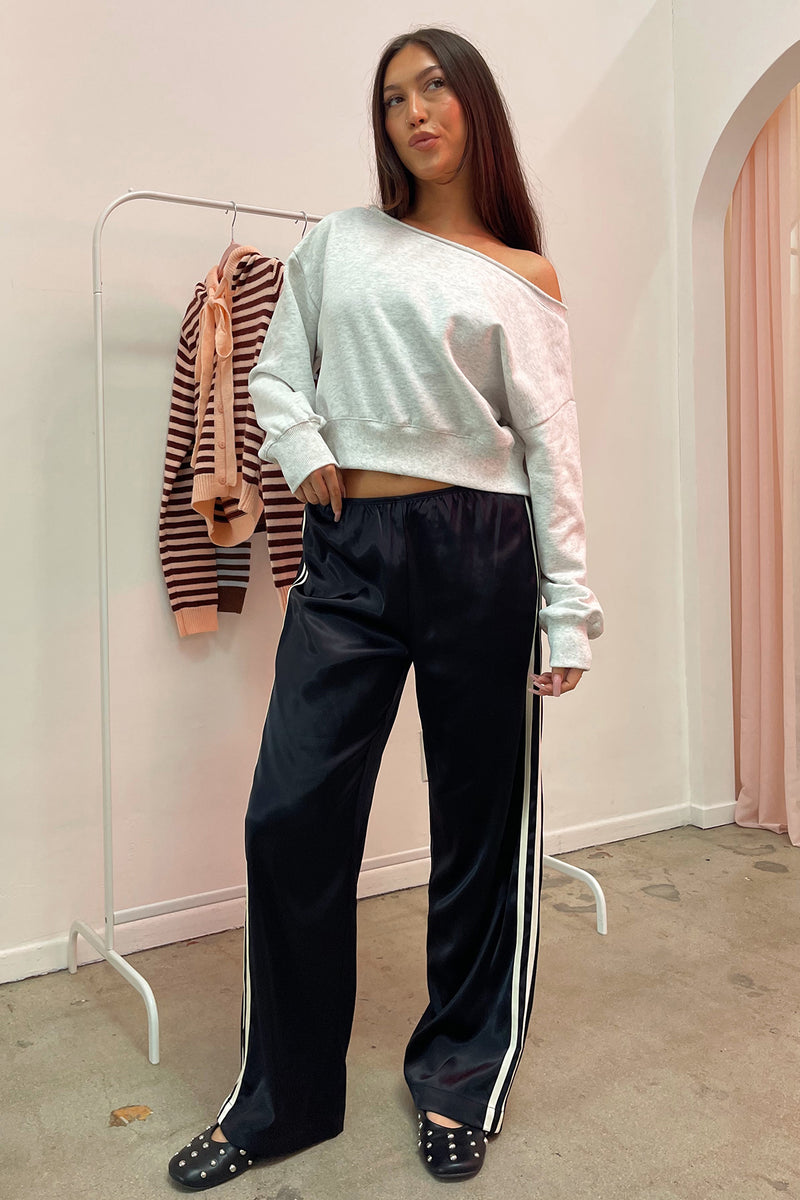 Warm Up Black with Cream Side Stripe Satin Pants