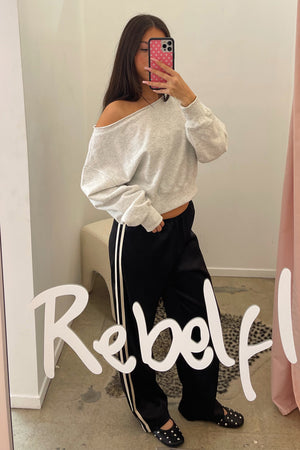 Warm Up Black with Cream Side Stripe Satin Pants