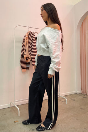 Warm Up Black with Cream Side Stripe Satin Pants