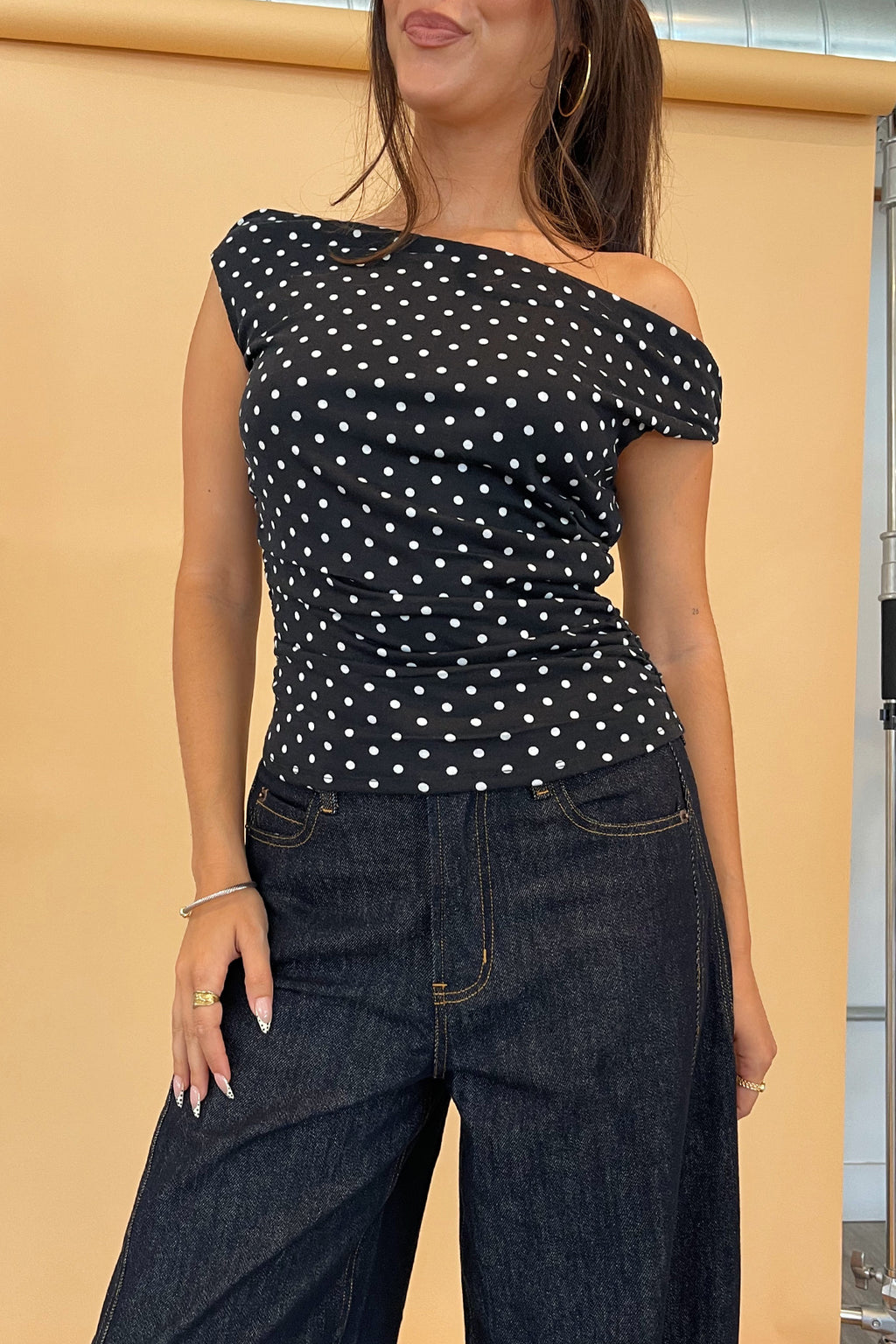 Lucky Black with White Polka Dot Asymmetrical Top