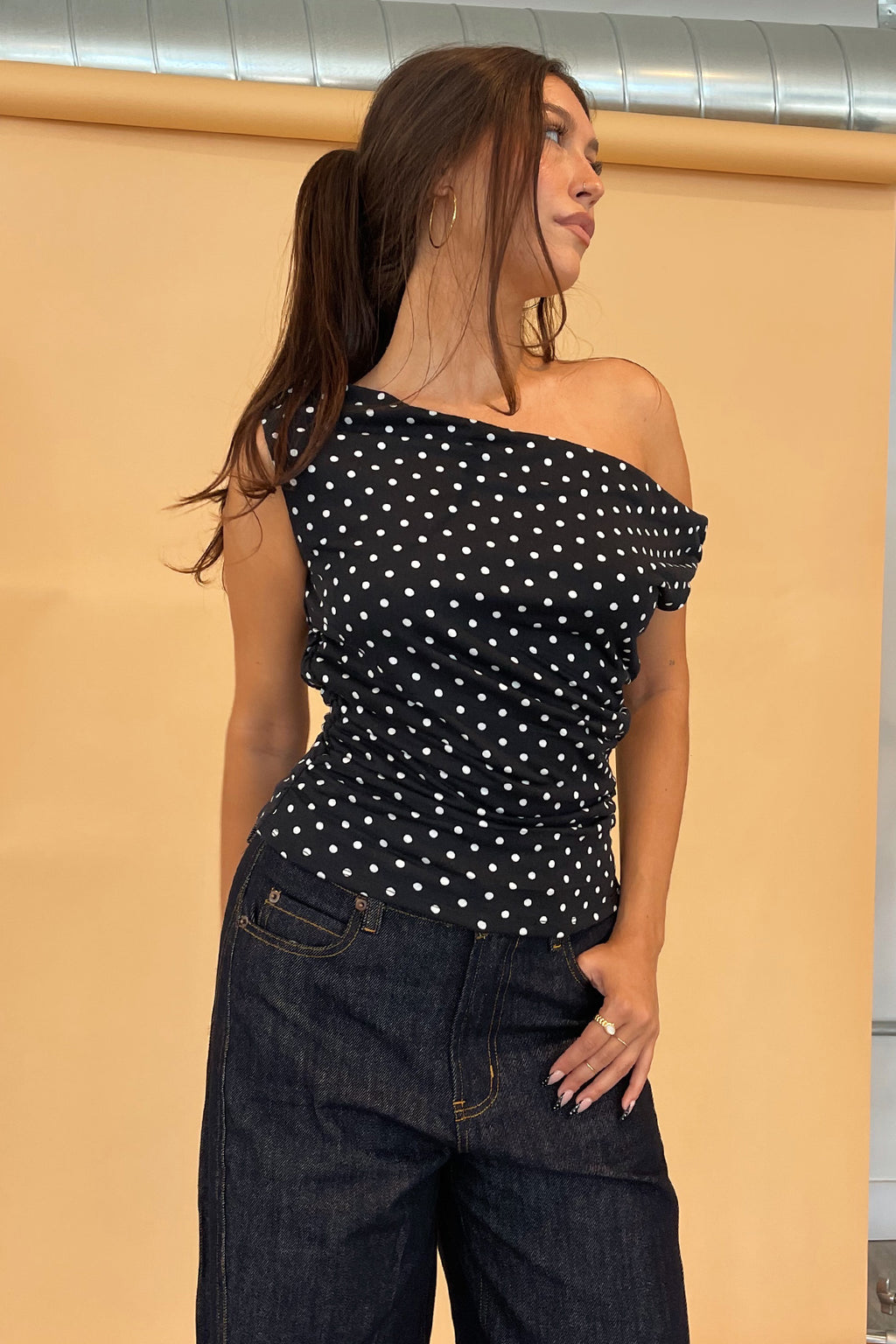 Lucky Black with White Polka Dot Asymmetrical Top