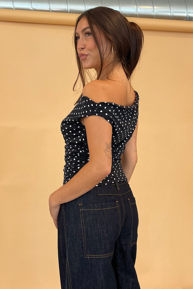 Lucky Black with White Polka Dot Asymmetrical Top