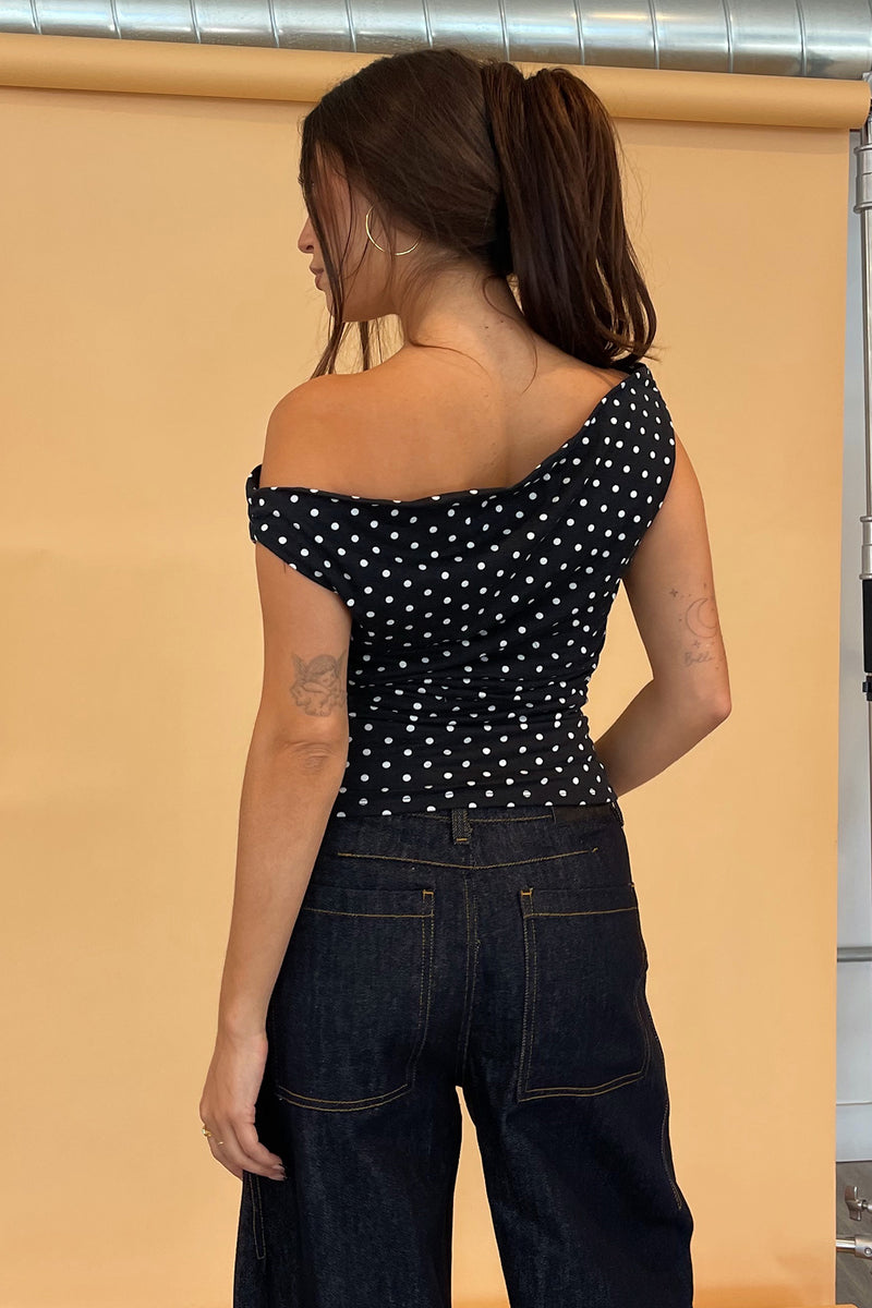 Lucky Black with White Polka Dot Asymmetrical Top