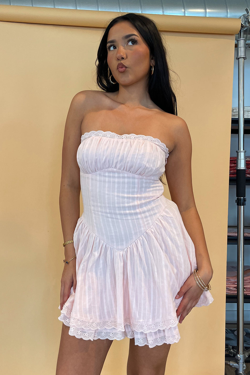 Mina Pink with Eyelet Trim Strapless Mini Dress