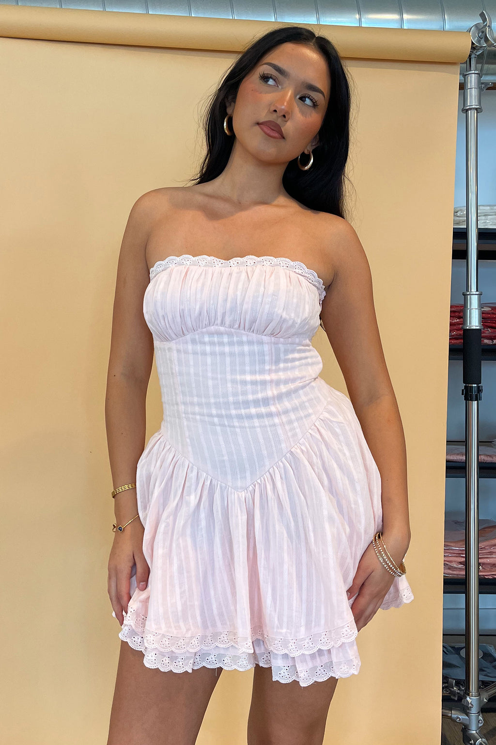Mina Pink with Eyelet Trim Strapless Mini Dress
