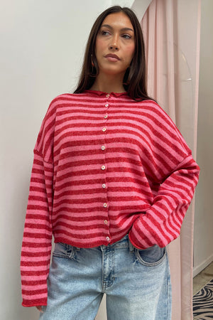 Blythe Pink and Red Stripe Button Up Cardigan