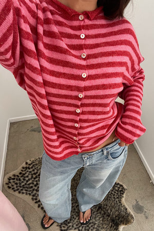 Blythe Pink and Red Stripe Button Up Cardigan