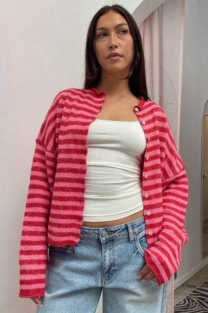 Blythe Pink and Red Stripe Button Up Cardigan