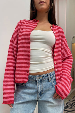 Blythe Pink and Red Stripe Button Up Cardigan