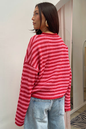 Blythe Pink and Red Stripe Button Up Cardigan
