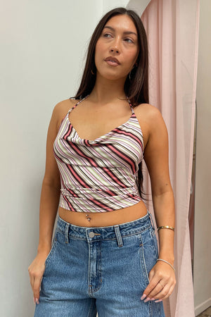 1990s Pink Multi Stripe Halter Tank Top