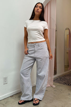 Carried Away White and Blue Pinstripe Barrel Jeans