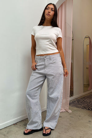 Carried Away White and Blue Pinstripe Barrel Jeans