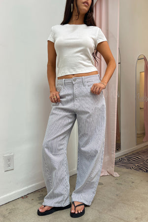 Carried Away White and Blue Pinstripe Barrel Jeans