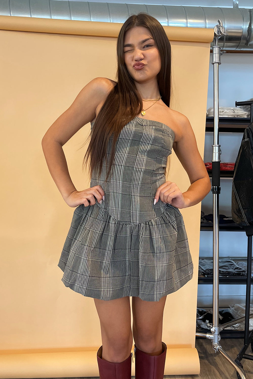 Trend Report Taupe and Black Plaid Bubble Mini Dress