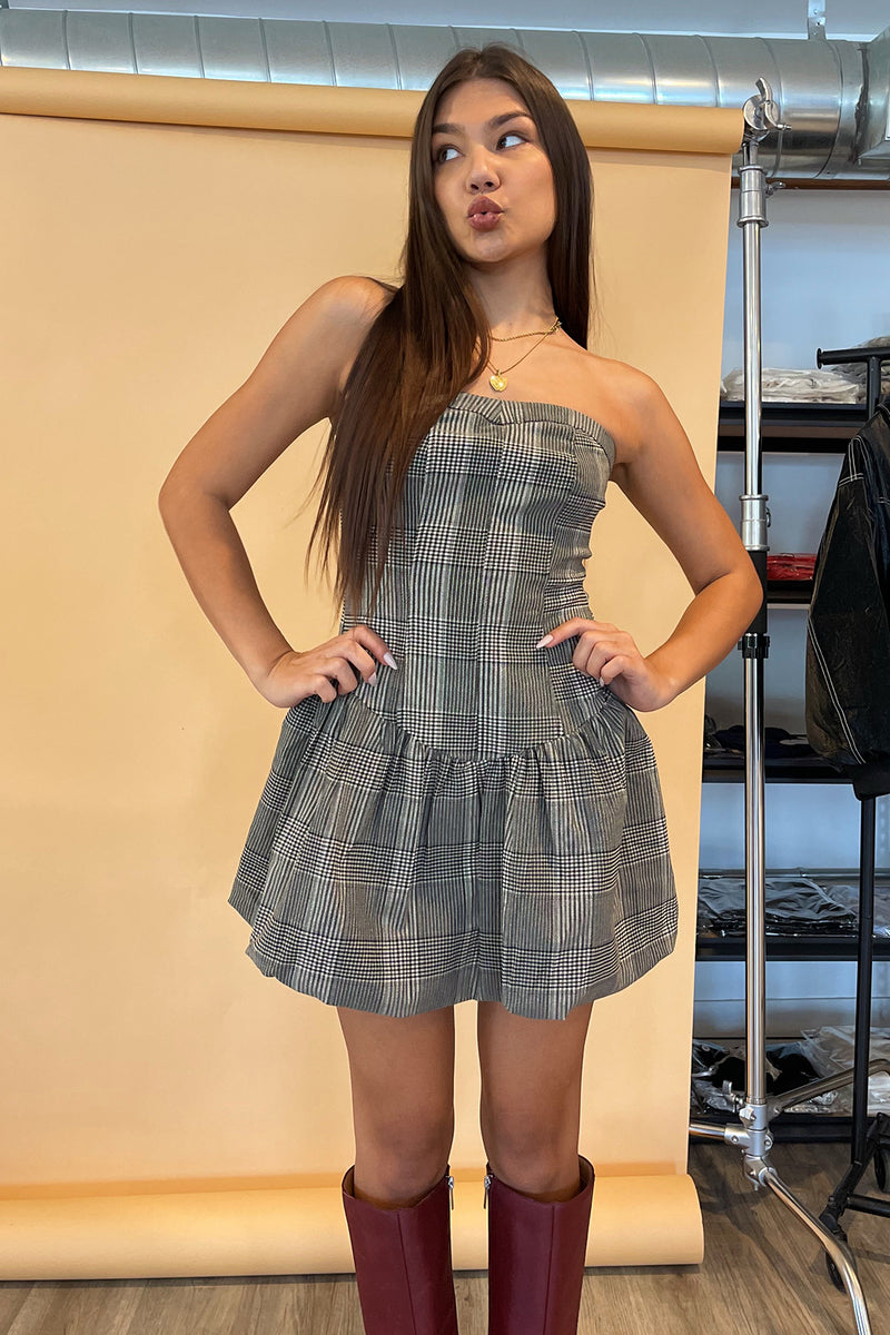 Trend Report Taupe and Black Plaid Bubble Mini Dress