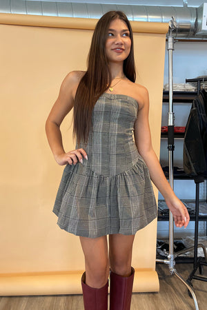 Trend Report Taupe and Black Plaid Bubble Mini Dress