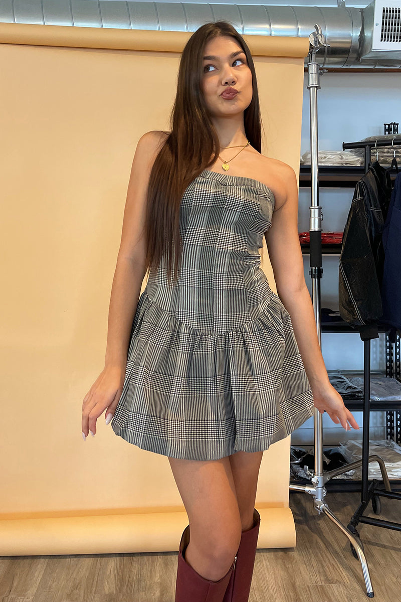 Trend Report Taupe and Black Plaid Bubble Mini Dress