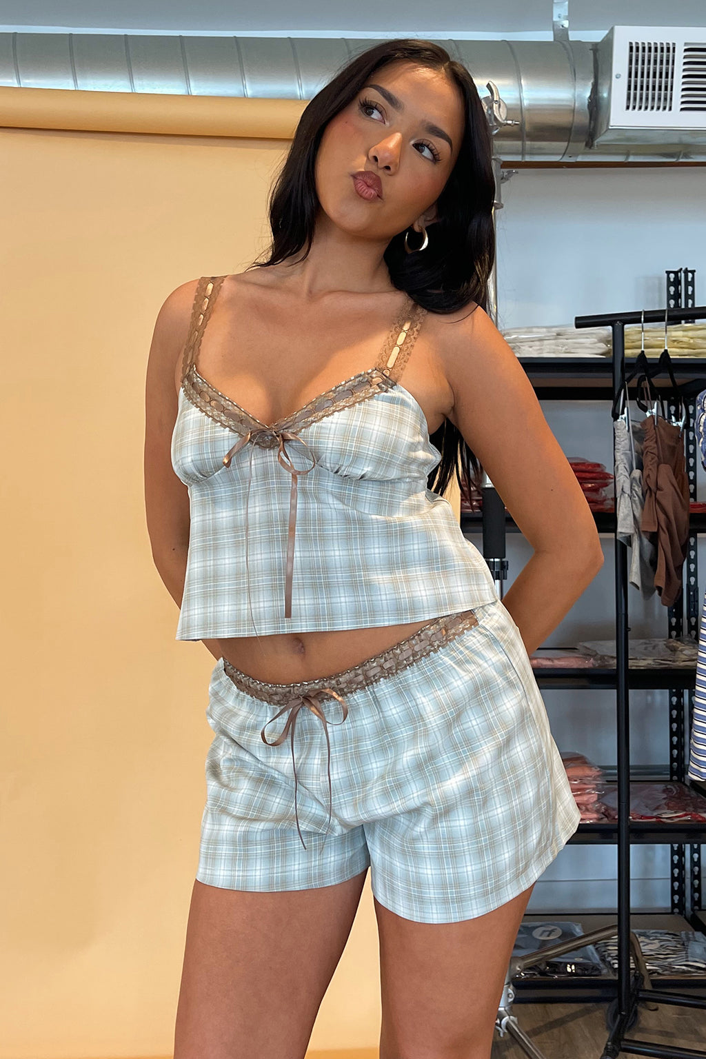 Head Over Heels Dusty Blue Multi Plaid Lace Trim Shorts