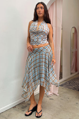 Checking Out Blue and Brown Plaid Fairy Hem Midi Skirt