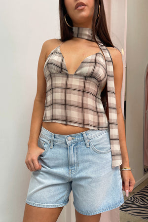 Back At It Brown Plaid Halter Tank Top with Scarf