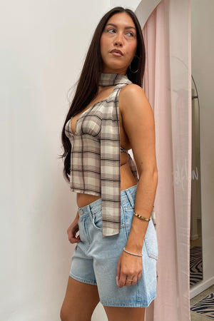 Back At It Brown Plaid Halter Tank Top with Scarf