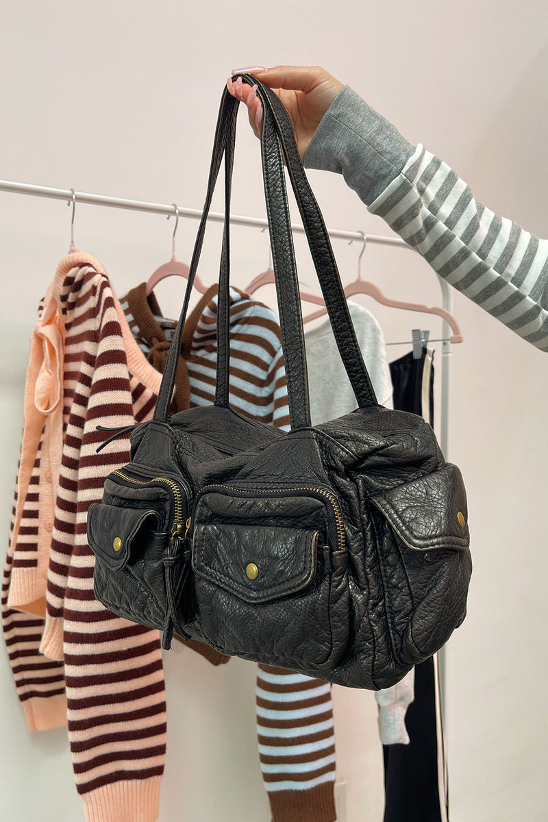 All In Brown Faux Leather Pocket Detail Bag