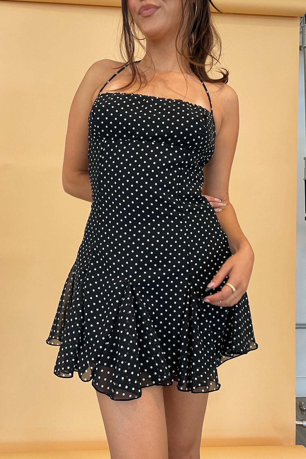 Penny Black with White Polka Dot Halter Tie Mini Dress