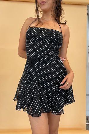 Penny Black with White Polka Dot Halter Tie Mini Dress