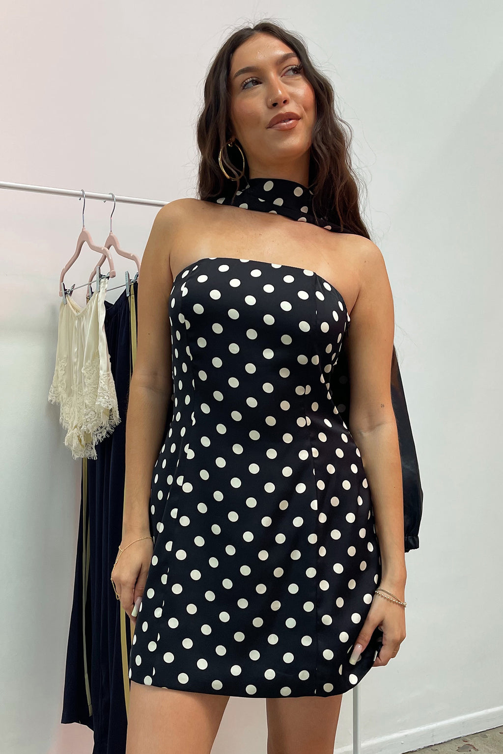 Stella Black with Cream Polka Dot Mini Dress and Scarf Set