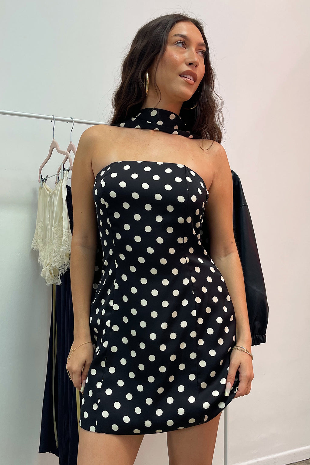 Stella Black with Cream Polka Dot Mini Dress and Scarf Set