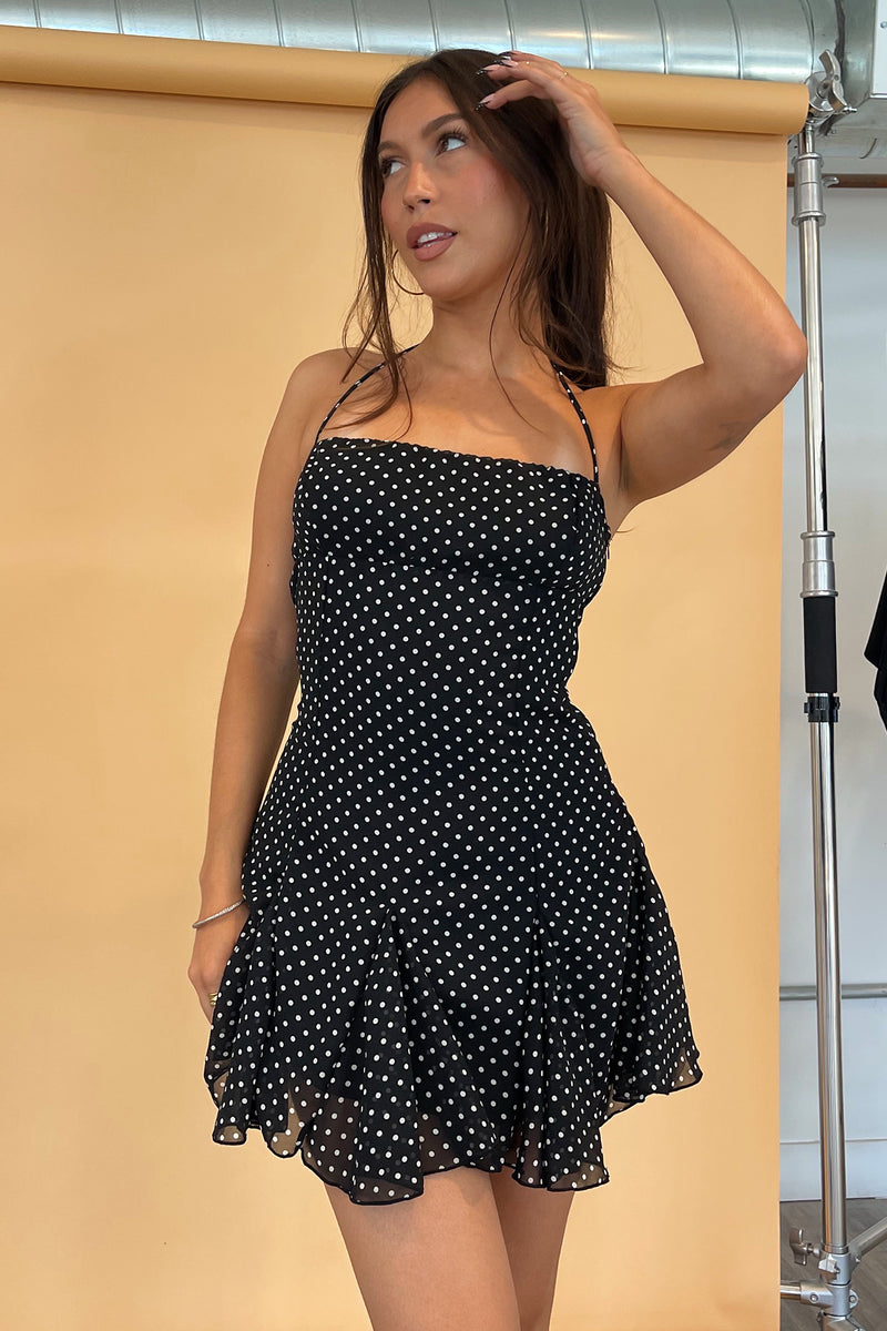 Penny Black with White Polka Dot Halter Tie Mini Dress