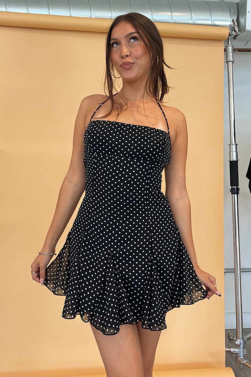 Penny Black with White Polka Dot Halter Tie Mini Dress