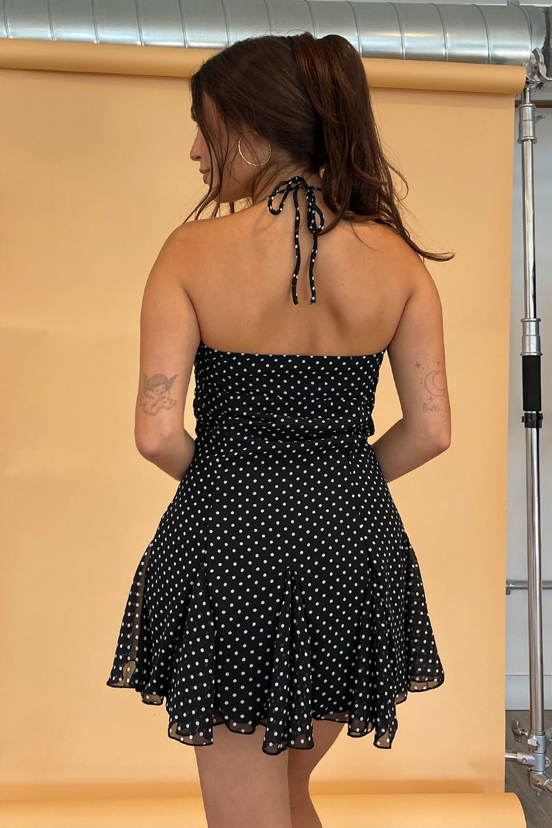 Penny Black with White Polka Dot Halter Tie Mini Dress