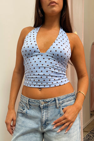 Mon Coeur Blue with Brown Polka Dot Halter Tank Top