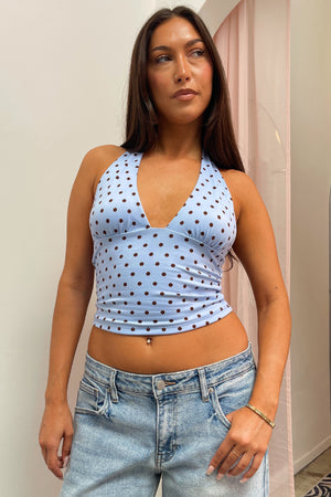Mon Coeur Blue with Brown Polka Dot Halter Tank Top
